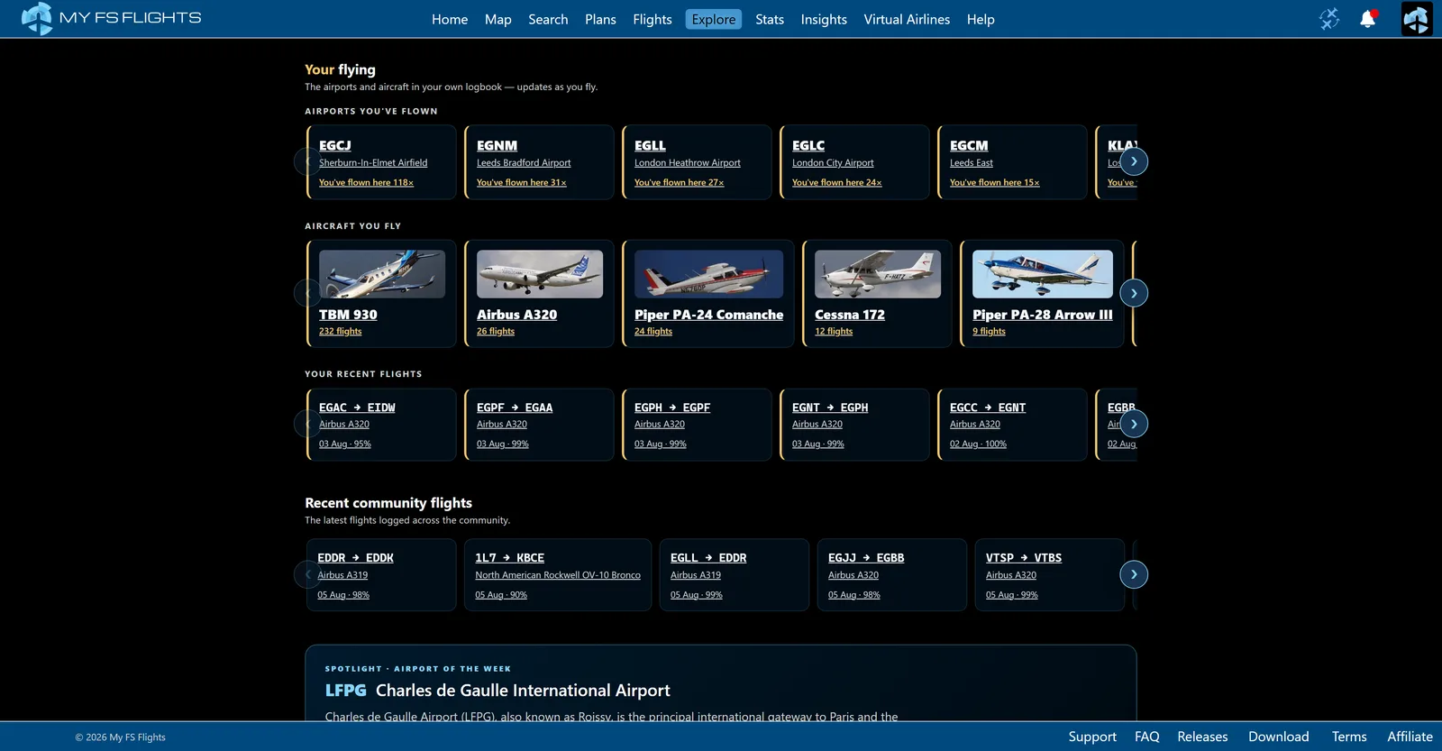 Explore page with community flights, airports and aircraft