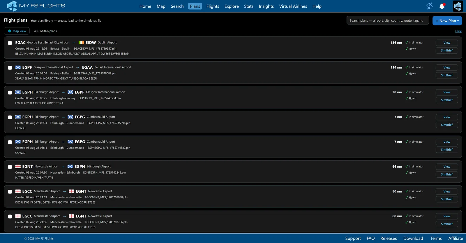 Flight plans page with stored plans, tags and SimBrief integration