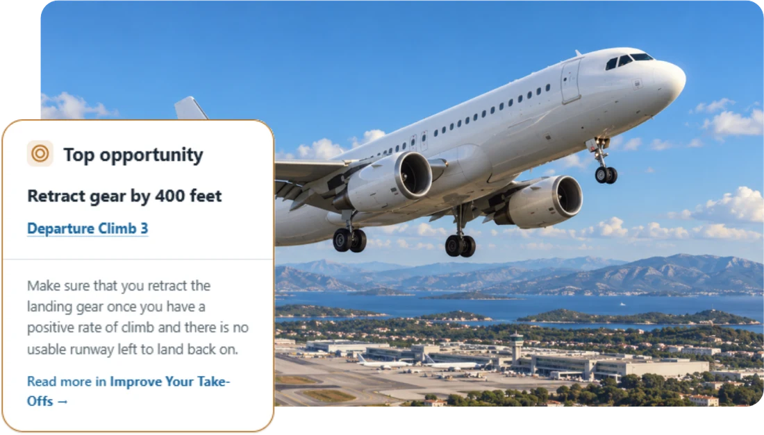 An airliner climbing after take-off beside a Top opportunity card: retract gear by 400 feet