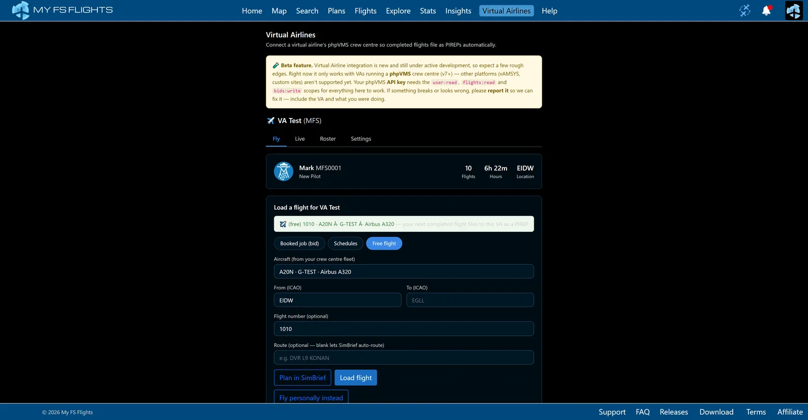Virtual Airlines page with a connected crew centre, pilot record and flight loader