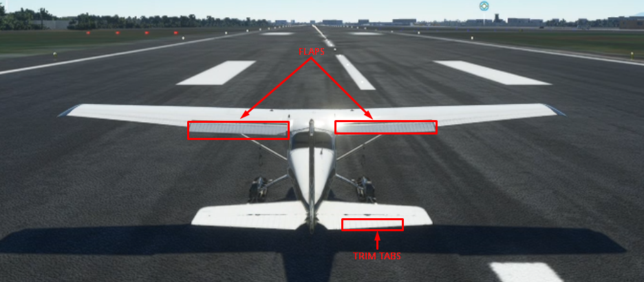 Rear view of Cessna 172 with the wing flaps and trim tabs highlighted.